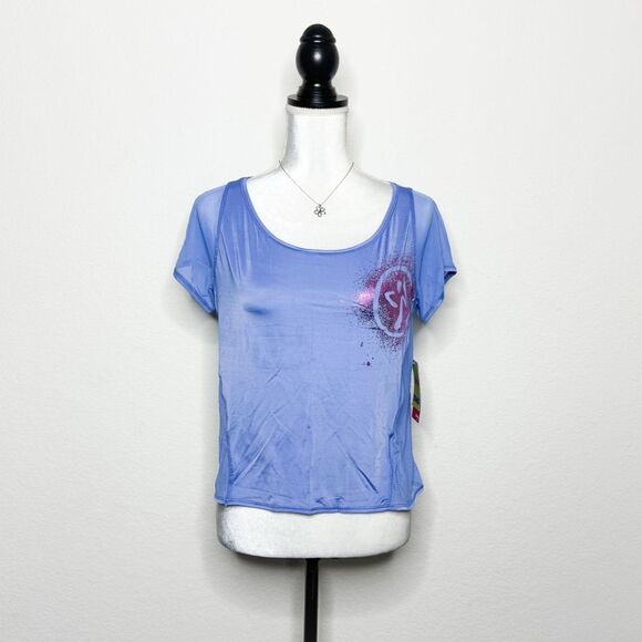 Zumba NWT! Women’s Flash Crop Top in Orbit Blue Sheer Sides & Back Size M - Picture 1 of 7